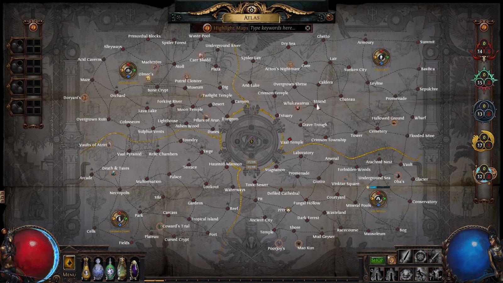 POE scourge 3.16 atlas layout with all maps revealed