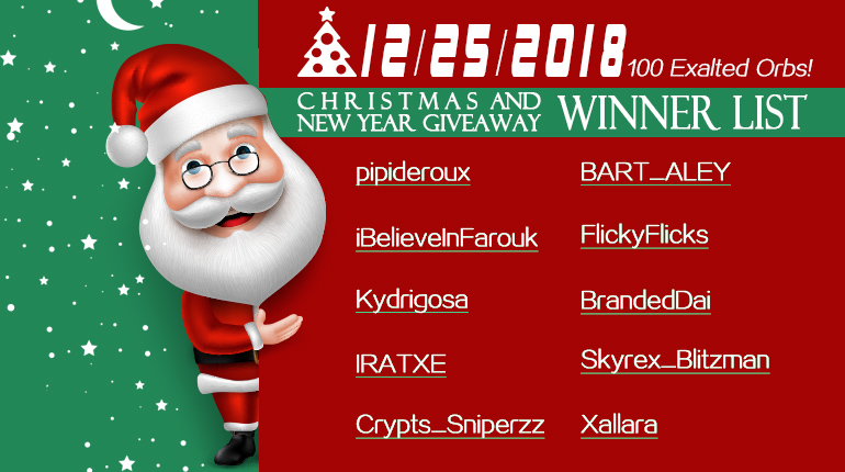 12/25/2018 Christmas and New Year Giveaway Winner List