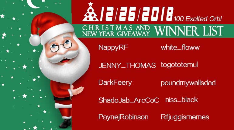 12/26/2018 Christmas and New Year Giveaway Winner List