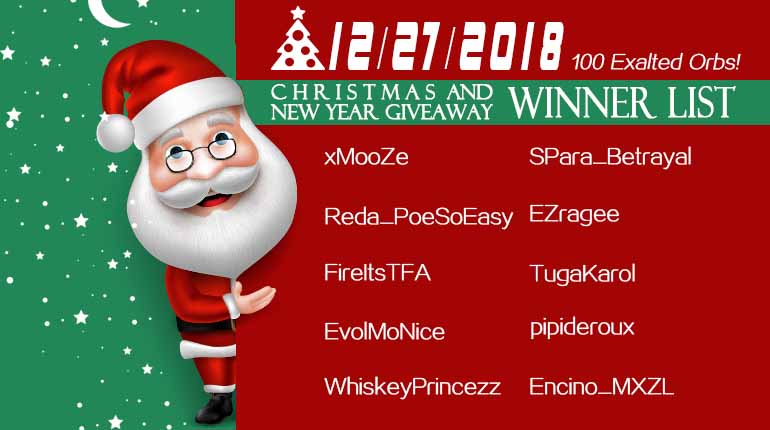 12/27/2018 Christmas and New Year Giveaway Winner List