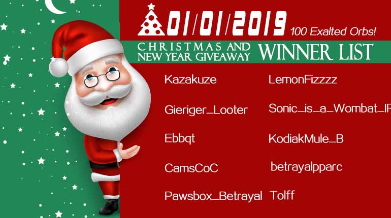 01/01/2019 Christmas and New Year Giveaway Winner List